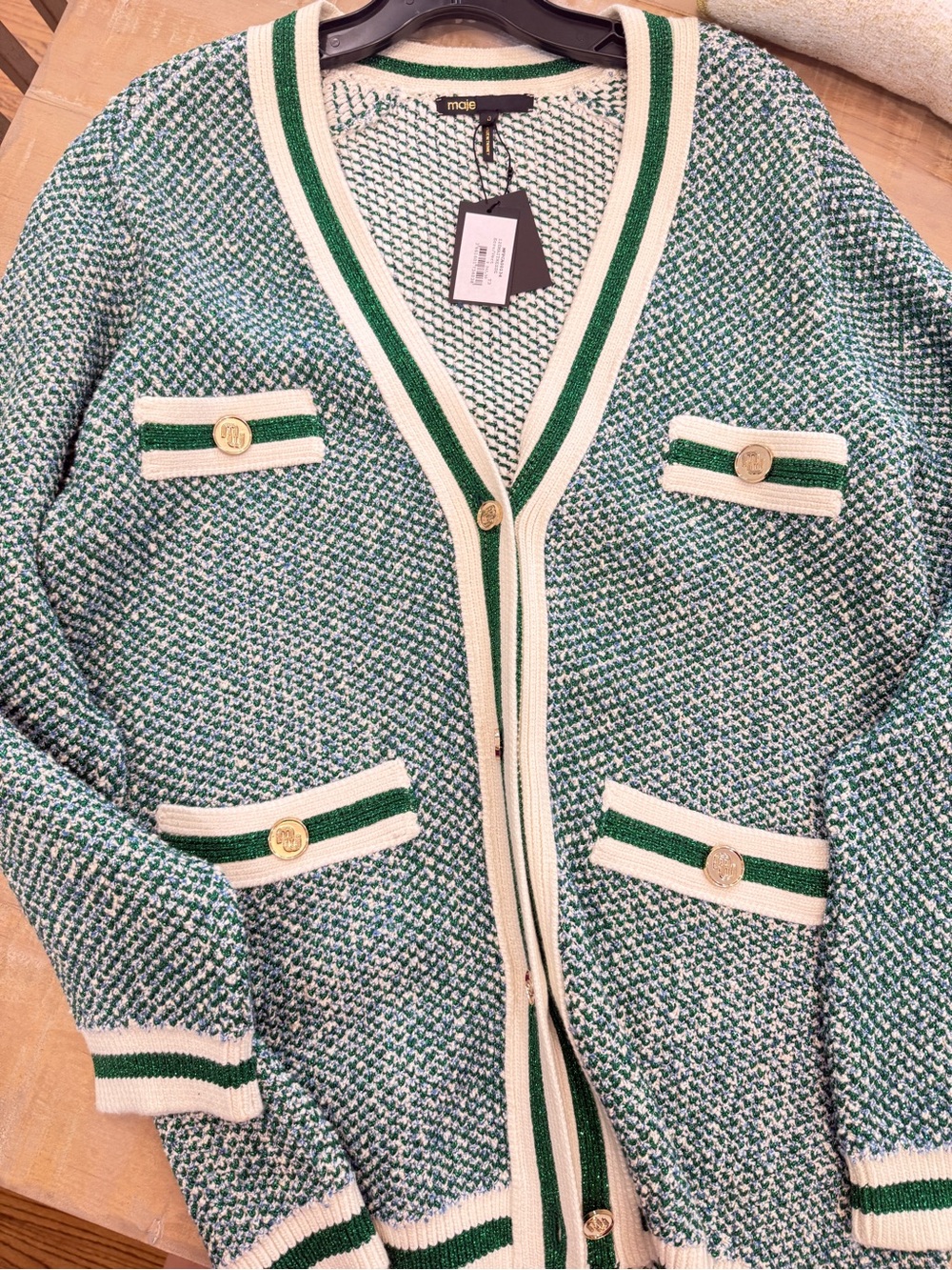Maitresse metallic threaded cardigan in green and ivory oversized sweater top